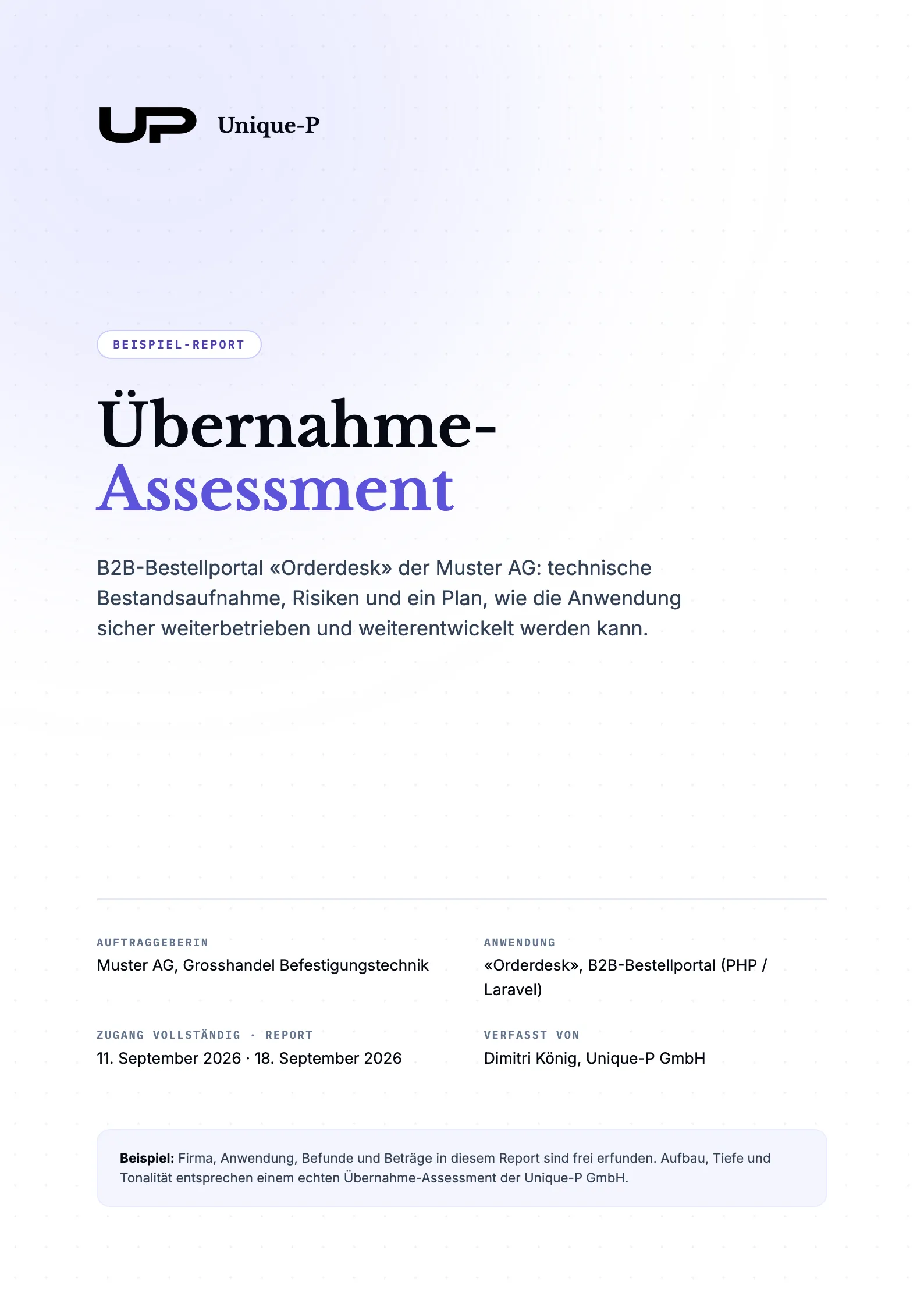 Deckblatt des Beispiel-Reports «Übernahme-Assessment» für die fiktive Muster AG