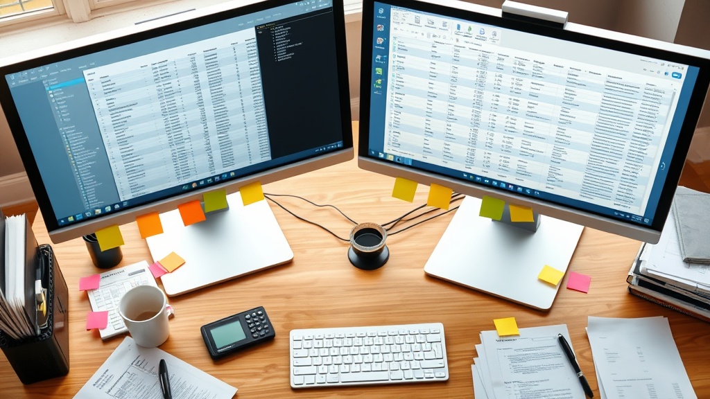 Schreibtisch mit Papierstapeln und Notizen